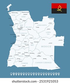 Angola - detailed country map with cities and regions. Infographic icons. Vector illustration.