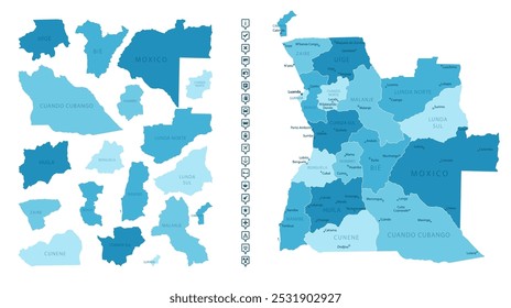 Angola - detailed map of the country in blue colors, divided into regions. Infographic icons. Vector illustration.