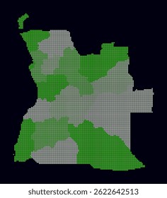 Angola dotted map. Digital style map of the country on dark background. Angola shape with square dots. Colored dots style. Small size squares. Vibrant vector illustration.
