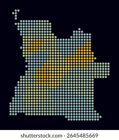 Angola dotted map. Digital style map of the country on dark background. Angola shape with circle dots. Colored dots style. Large size circles. Modern vector illustration.