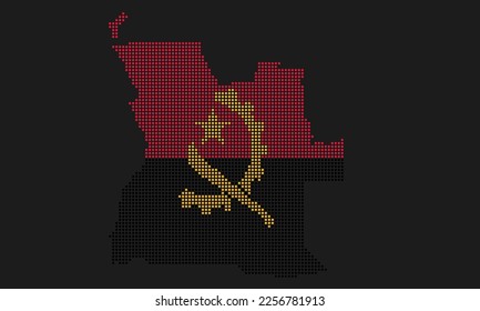 Angola gepunktete Kartenflagge mit Grunge-Textur im Mosaik-Dot-Stil. Abstrakte Pixelvektorgrafik einer Landkarte mit Halbfone-Effekt für Infografik. 