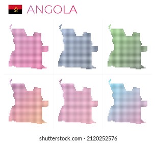 Angola dotted map set. Map of Angola in a dotted style with borders filled with beautiful smooth gradient circles. Artistic vector illustration.