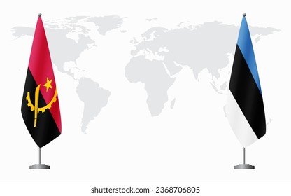 Angola and Estonia flags for official meeting against background of world map.