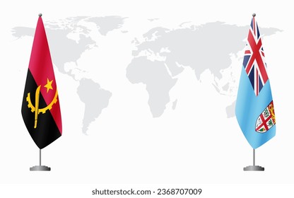 Angola and Fiji flags for official meeting against background of world map.