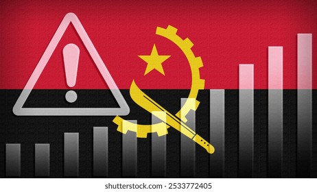 Angola flag with burlap texture, warning sign, and rising bar chart symbolizing increasing risk or growth challenges in the country. Ideal for data presentations.