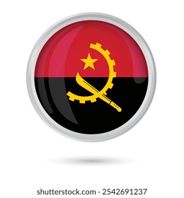 Angola flag button vector illustration isolated on white background. Angola round button glossy shiny flag official colors, 3D graphic for independence Day 11th November, Angola flag badge banner 