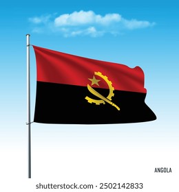 Angola flag flying on blue sky, vector illustation.