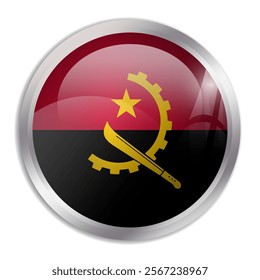 Angola flag - glossy circle button displays a colorful flag representing a country cultural identity and heritage. The essence of national pride and unity.