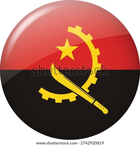Angola flag glossy round button red black circle badge with yellow emblem star machete and gear symbol