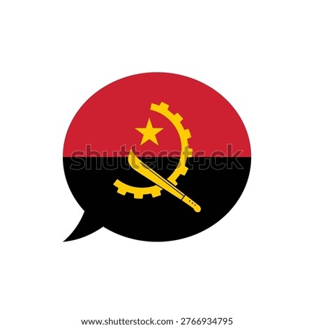 Angola flag graphic in speech bubble shape, red and black emblem with yellow machete and gear, patriotic chat icon, south african country identity for message and dialogue.