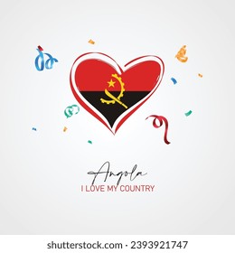 Angola flag with a heart shape, with I love my country slogan for Angola Independence Day. Vector illustration.