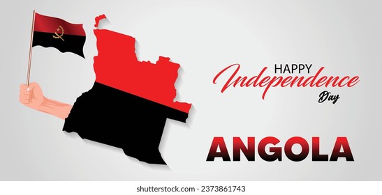 Mapa de la bandera de Angola sosteniendo una bandera ondeando el afiche del vector del día de la independencia