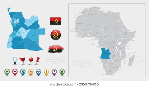 Angola flag, map and navigation icons. Vector Illustration set