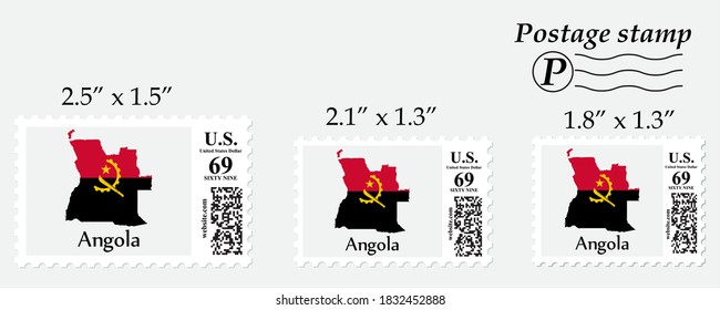 Angola flag map on postage stamp different size.