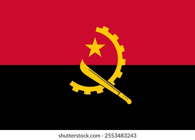 Angola flag in official colors, dimensions and aspect ratio. Vector flag symbolizing national pride, identity, heritage, patriotism and authority