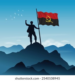 Angola Flag raised on a mountain peak with clear sky in the background, vector illustration
