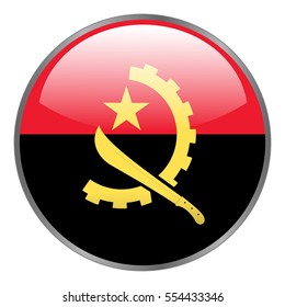 Angola flag. Round glossy isolated vector icon with national flag of Angola on white background. Round glow glass button.
