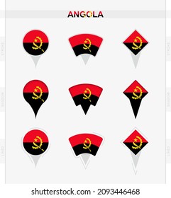 Bandera de Angola, conjunto de íconos de la ubicación de la bandera de Angola. Ilustración vectorial de los símbolos nacionales.