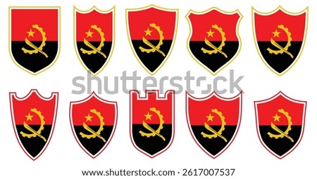 Angola flag shield icon set. Vector collection of red and black shields with yellow gear, machete, and star emblem. Patriotic symbols for national identity, heraldic design, and graphic use.