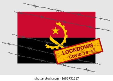 Bandera de Angola con seguridad de advertencia de bloqueo de señalización debido a la crisis del coronavirus covid-19 diseño de la enfermedad con el vector de aislamiento con cable de la barba