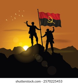 Angola flag, silhouette of two climbers holding flags at sunset