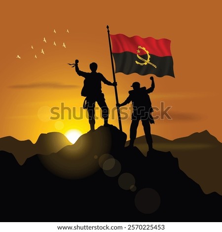 Angola flag, silhouette of two climbers holding flags at sunset