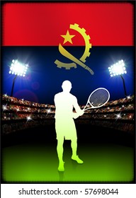 Angola Flag with Tennis Player on Stadium Background Original Illustration