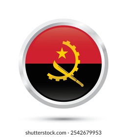 Ilustración vectorial de la bandera de Angola aislada en el fondo blanco. Marco cromado redondo, bandera brillante de Angola para el día de la independencia 11 de noviembre, Anuncio, cartel, folleto, folleto, redes sociales e impresión fuera de línea