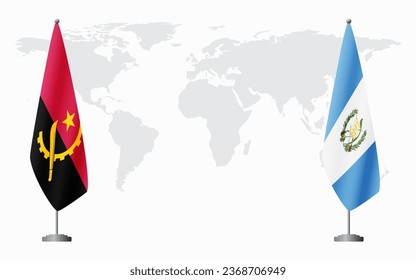 Angola and Guatemala flags for official meeting against background of world map.