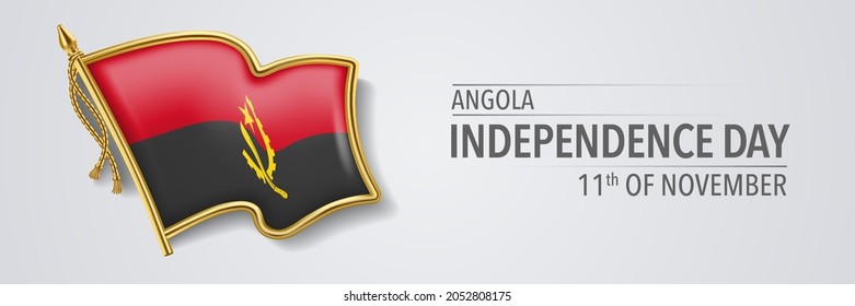 Angola happy independence day greeting card, banner with template text vector illustration. Angolan memorial holiday 11th of November design element with 3D flag with sable