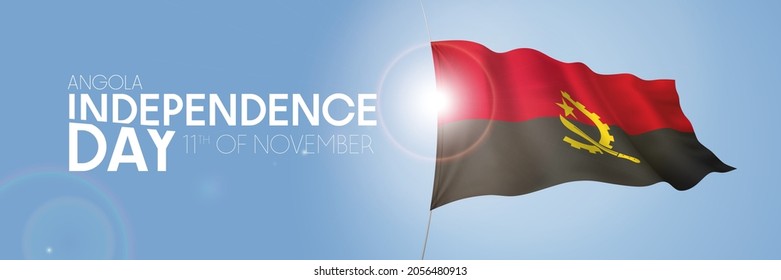 Angola happy independence day greeting card, banner with template text vector illustration. Angolan memorial holiday 11th of November design element with 3D flag with machete