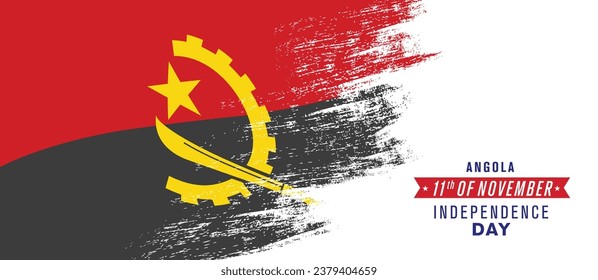 Angola happy independence day greeting card, banner vector illustration. Angolan national holiday 11th of November design element with distressed flag
