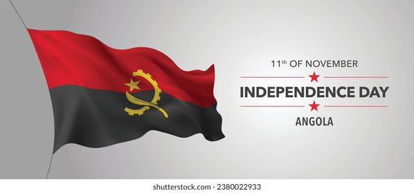 Angola happy independence day greeting card, banner with template text vector illustration. Angolan memorial holiday 11th of November design element with 3D flag with machete