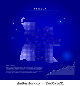 Angola illuminated map with glowing dots. Infographics elements. Dark blue space background. Vector illustration. Growing chart, lorem ipsum text.