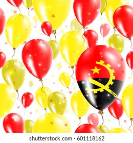 Angola Independence Day Seamless Pattern. Flying Rubber Balloons in Colors of the Angolan Flag. Happy Angola Day Patriotic Card with Balloons, Stars and Sparkles.