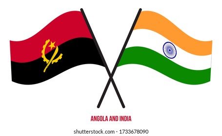 Angola and India Flags Crossed And Waving Flat Style. Official Proportion. Correct Colors.