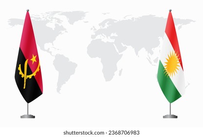 Angola and Kurdistan flags for official meeting against background of world map.