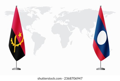 Angola and Laos flags for official meeting against background of world map.