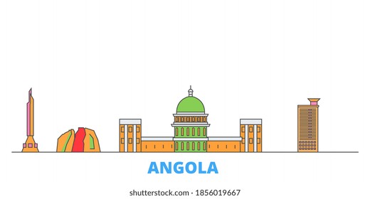 Panorama urbano en línea de Angola, vector plano. Punto de referencia de la ciudad de viajes, ilustración de oultine, íconos del mundo de la línea
