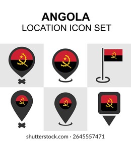 Conjunto de iconos de ubicación de Angola con pines de mapa y símbolos de bandera. Ideal para mapas africanos, imágenes de viajes y diseño de interfaz de usuario.