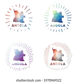 Angola low poly sunburst set. Logo of country in geometric polygonal style. Vector illustration.
