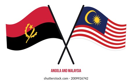 Angola and Malaysia Flags Crossed And Waving Flat Style. Official Proportion. Correct Colors.