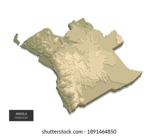 Angola map - 3D digital high-altitude topographic map. 3D vector illustration. Colored relief, rugged terrain. Cartography and topology.