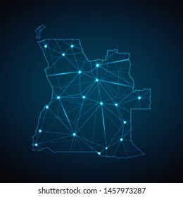 Angola Map - Abstract geometric mesh polygonal network line, structure and point scales on dark background with lights in the form of cities. Vector illustration eps 10.