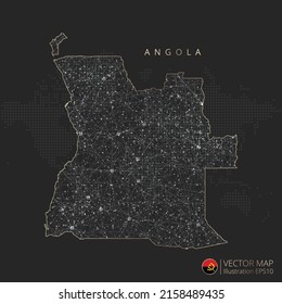 Angola Karte abstraktes geometrisches Mesh Polygonallichtkonzept mit schwarz-weißer Kontur Linien Länder und Punkte auf dunklem Hintergrund. Vektorgrafik.