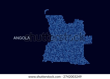 Angola Map - Blue Dotted Halftone Vector Illustration on Dark Navy Background, Abstract Circle Grid Silhouette Design for Infographic and Modern Presentation Use.