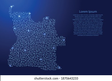 Angola map from blue pattern of the maze grid and glowing space stars grid. Vector illustration.