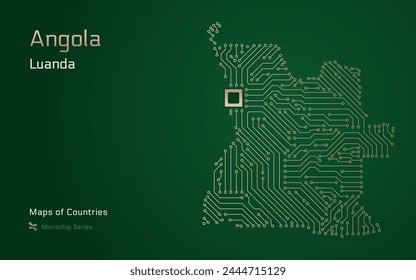 Angola Mapa con la capital de Luanda Mostrado en un Patrón de Microchip con procesador. Gobierno electrónico. Mapas de Vector de Países Mundiales. Serie de microchips	