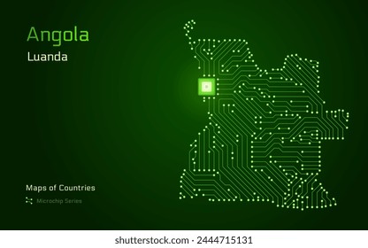 Angola Map with a capital of Luanda Shown in a Microchip Pattern with processor. E-government. World Countries vector maps. Microchip Series	