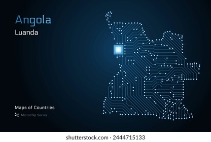 Angola Map with a capital of Luanda Shown in a Microchip Pattern with processor. E-government. World Countries vector maps. Microchip Series	